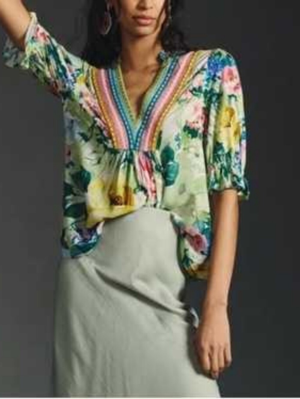Anthropologie Blank London Stephanie Floral Embroidered V-Neck Top Size XS